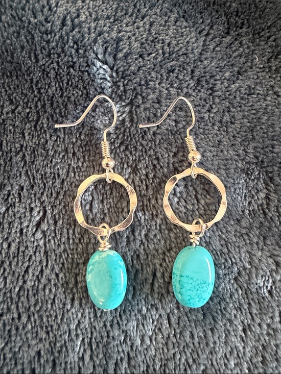 Jewelry - Silver Hoop Drop Earrings with Turquoise Stone